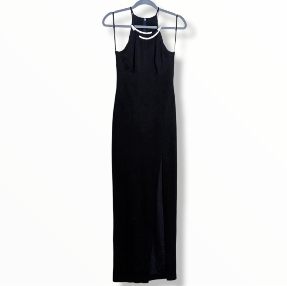 Nicole Bakti Black Gown Halter Maxi Dress Leg Slit Gold Embellish Rhinestone XS